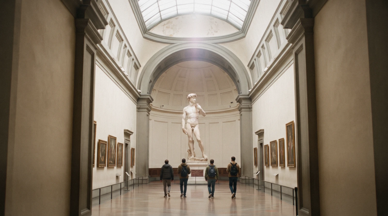 The Galleria dei Prigioni at 08:20 with the unfinished Prisoners in side light and David under the skylight of the Tribune, Accademia Gallery Florence
