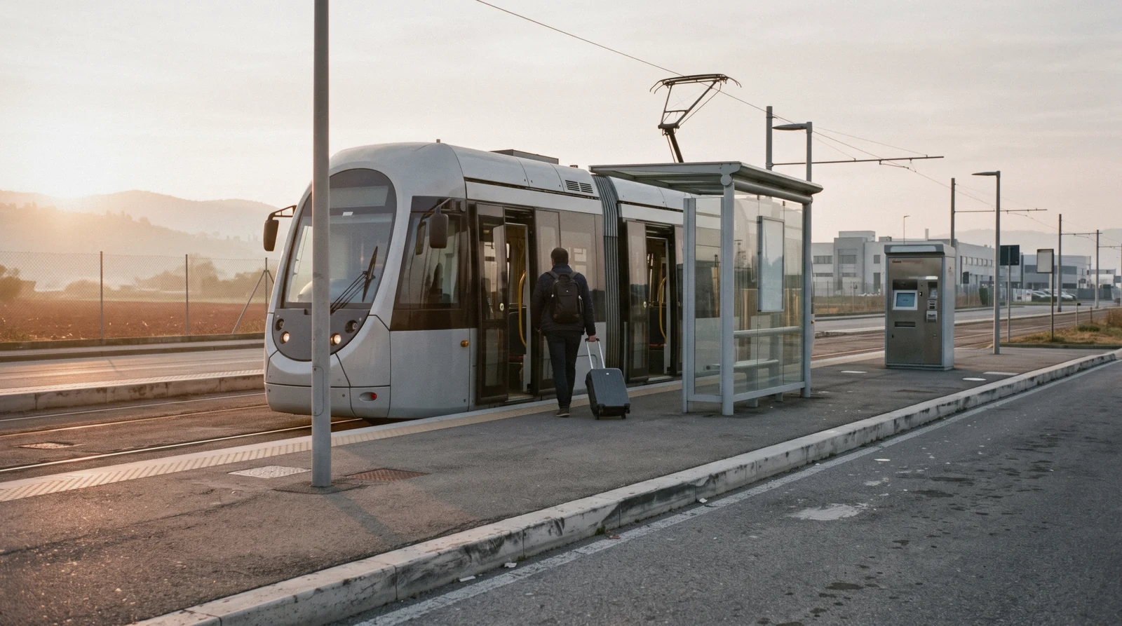 A T2 tram waiting at the Peretola Aeroporto stop, the ride from Florence airport to the city center
