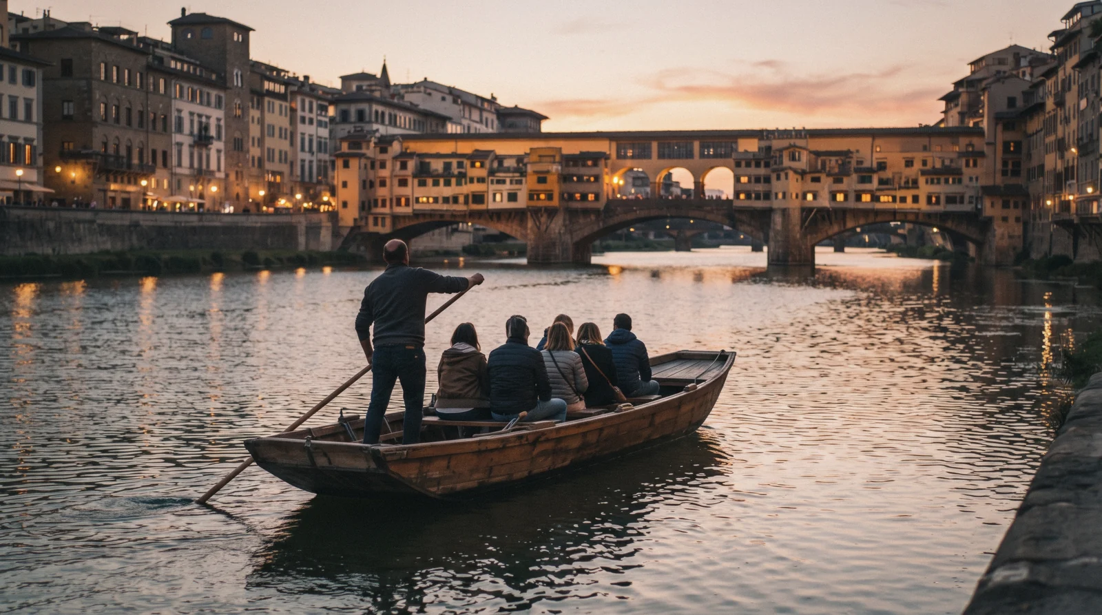 A flat-bottomed boat on the Arno at sunset below Ponte Vecchio, the view from a Florence boat tour