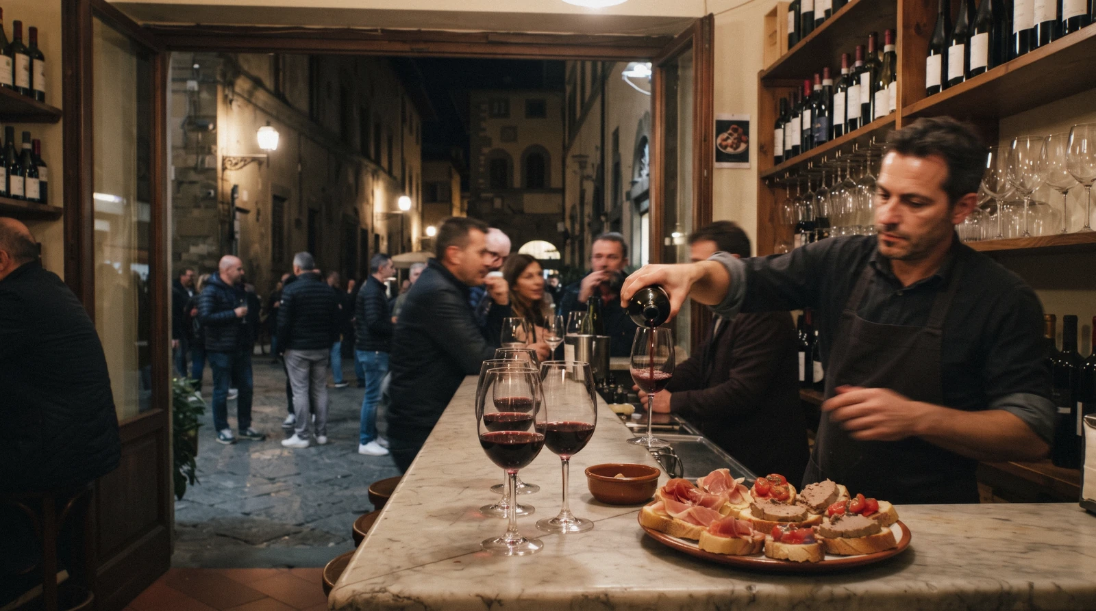 Piazza Santo Spirito at blue hour with aperitivo glasses on café tables, the evening start for bars in Florence, Italy