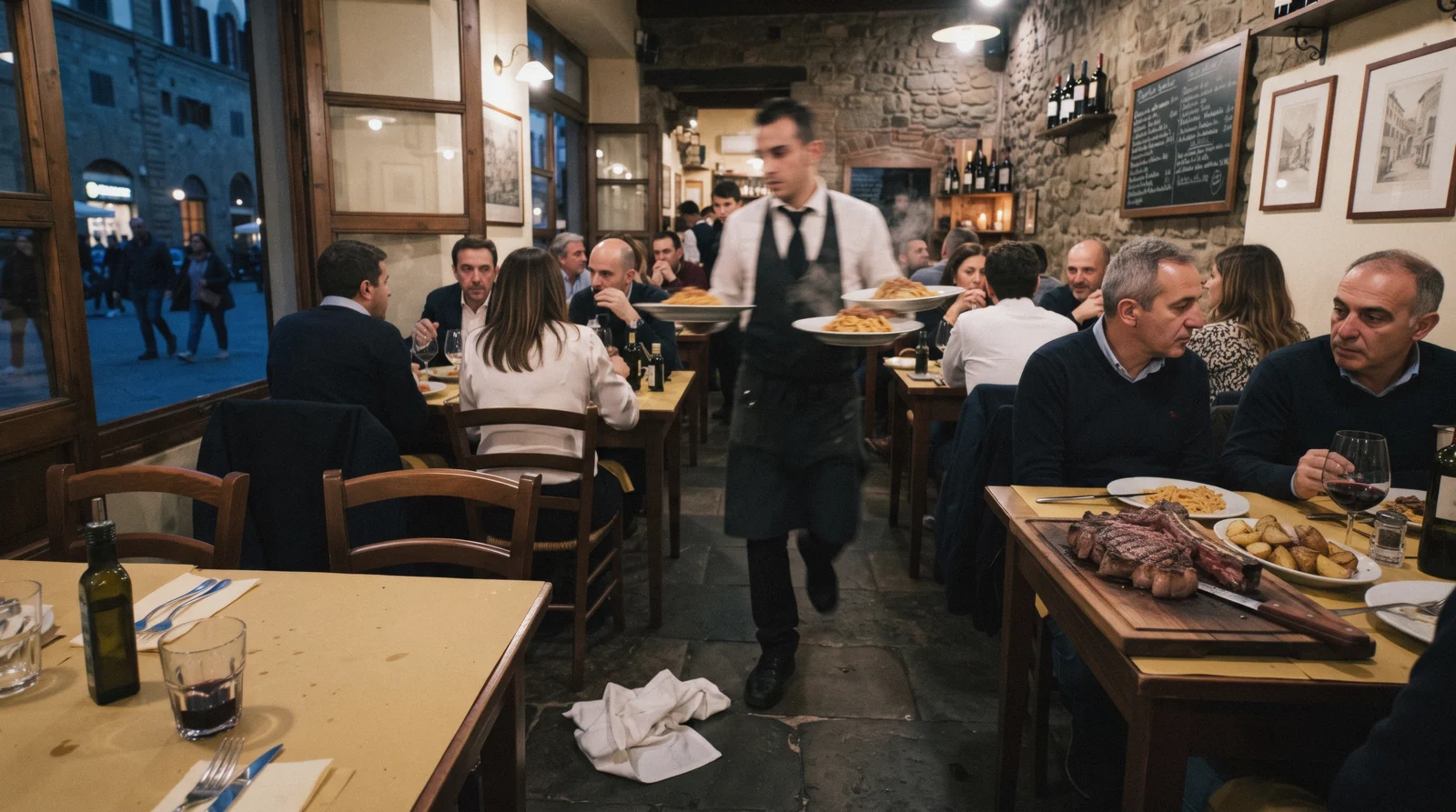 A trattoria doorway on a narrow Oltrarno street at night, the kind of room behind many of the best restaurants in Florence