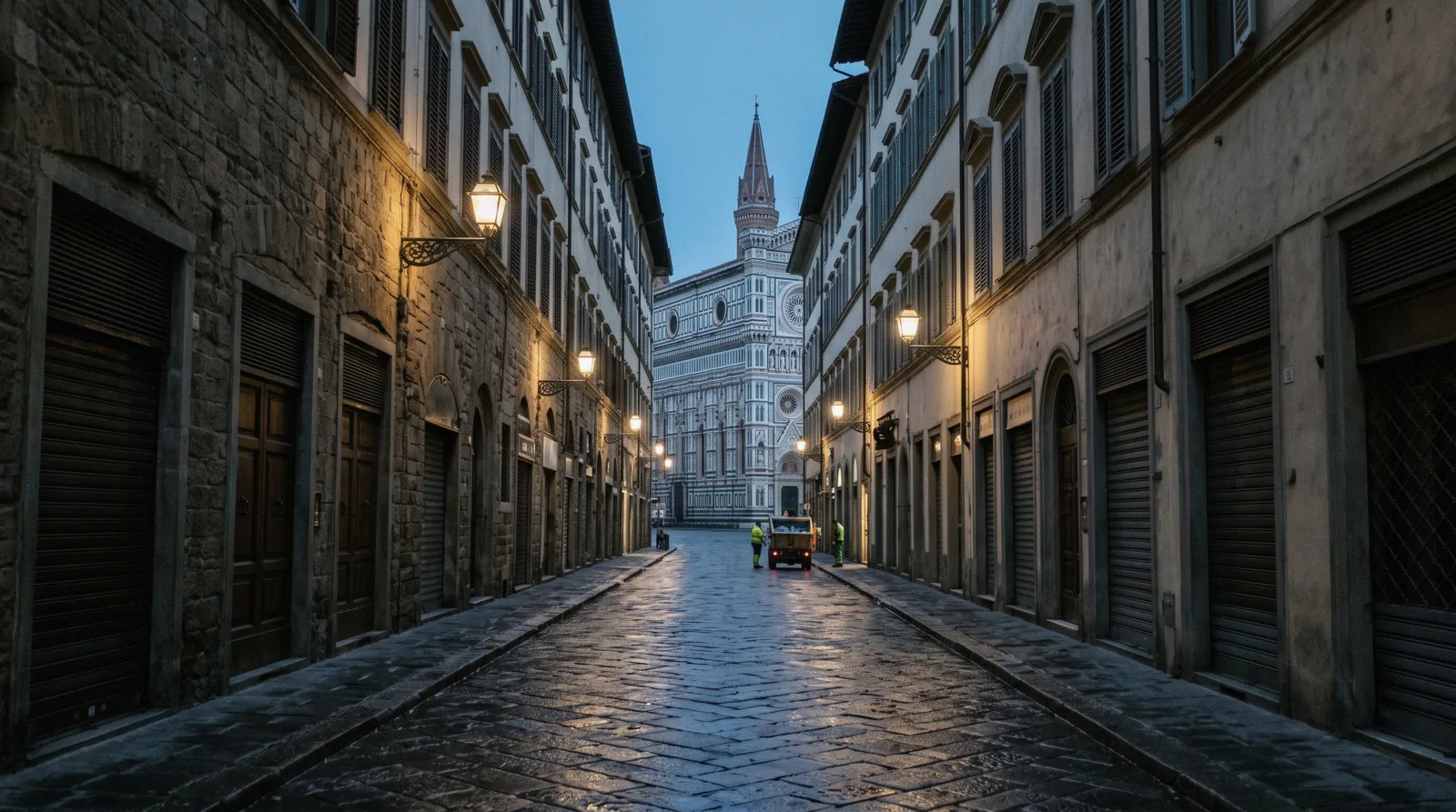 Via dei Calzaiuoli at dawn looking north to the cathedral facade in the centro storico of Florence