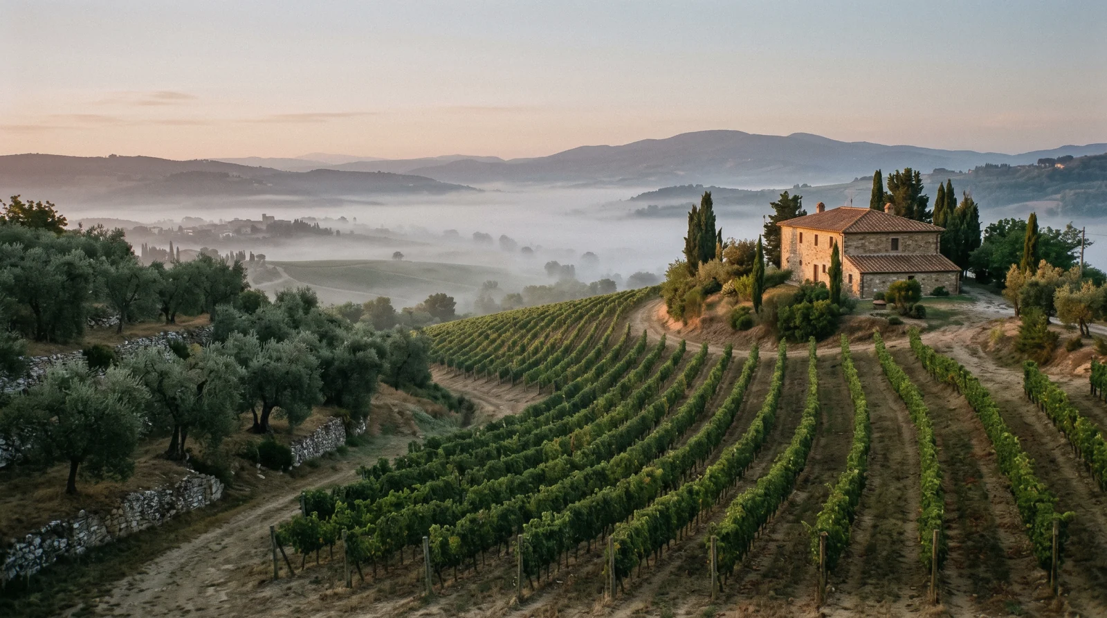 Vineyard rows and a stone farmhouse on the ridge above Panzano at first light on a Chianti wine tour from Florence
