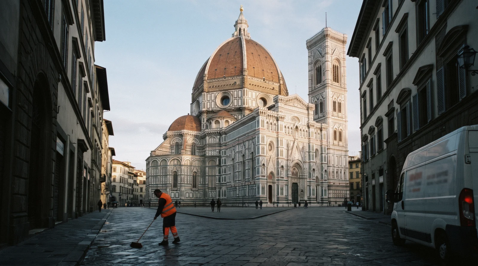 Brunelleschi's dome and Giotto's bell tower of the Florence Duomo seen from Via dei Servi in late afternoon light, Florence, Italy
