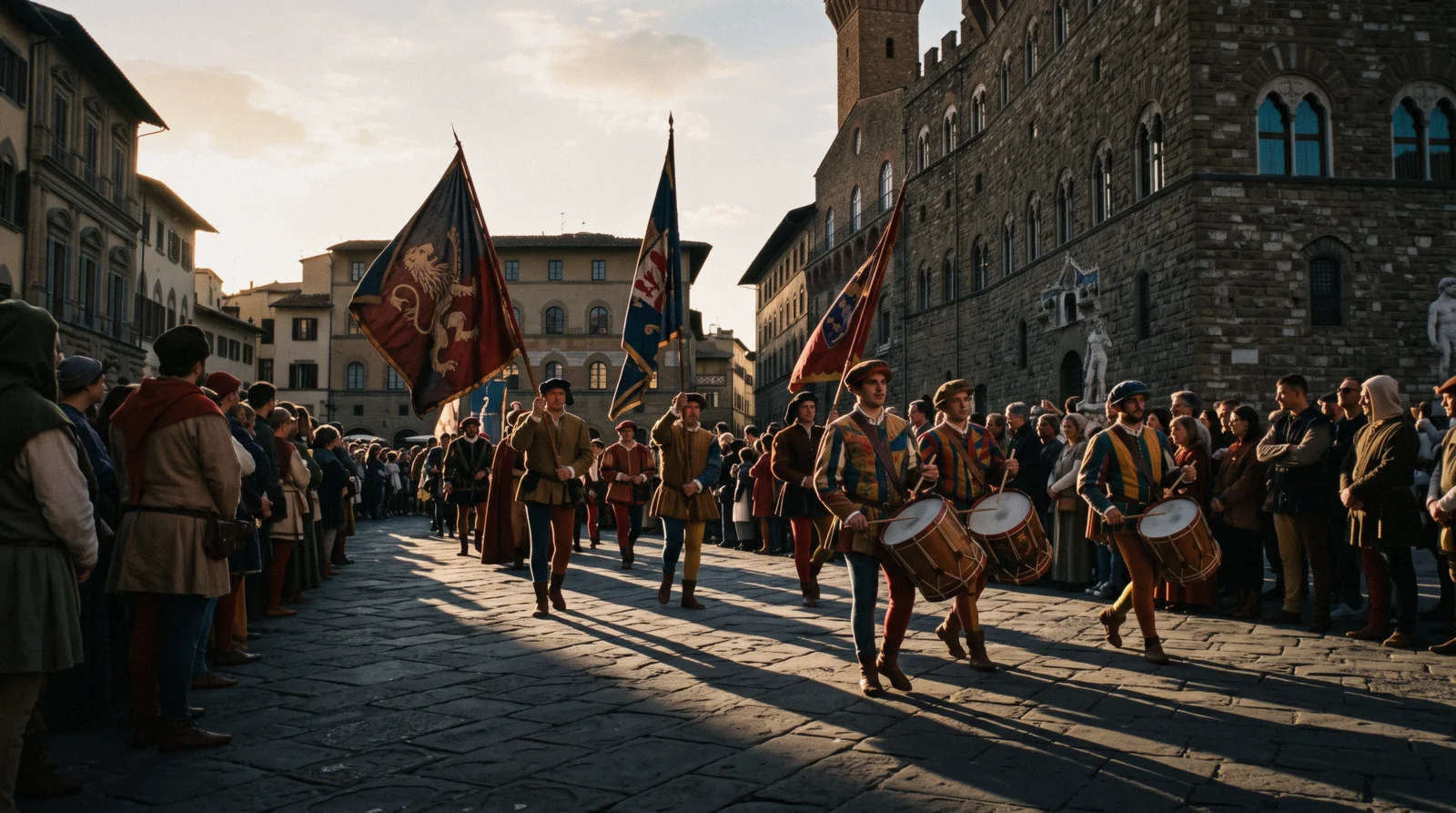 Drummers and flag bearers in fifteenth-century costume crossing a square, the historical processions in the Florence events calendar