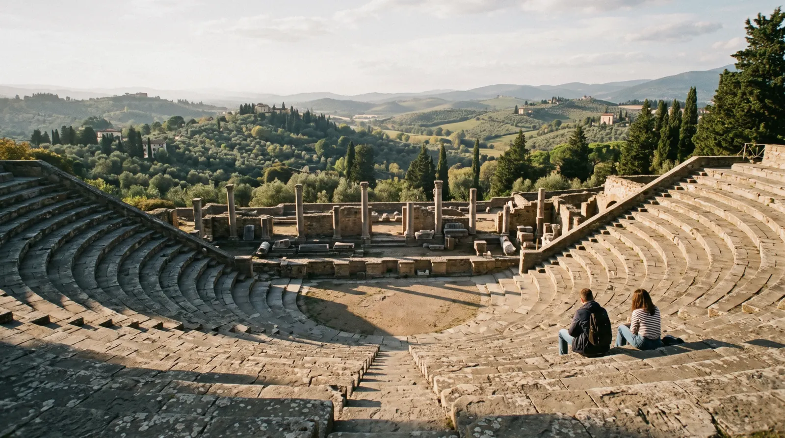 The Roman theatre and the hills seen from the archaeological area at Fiesole above Florence in late afternoon light