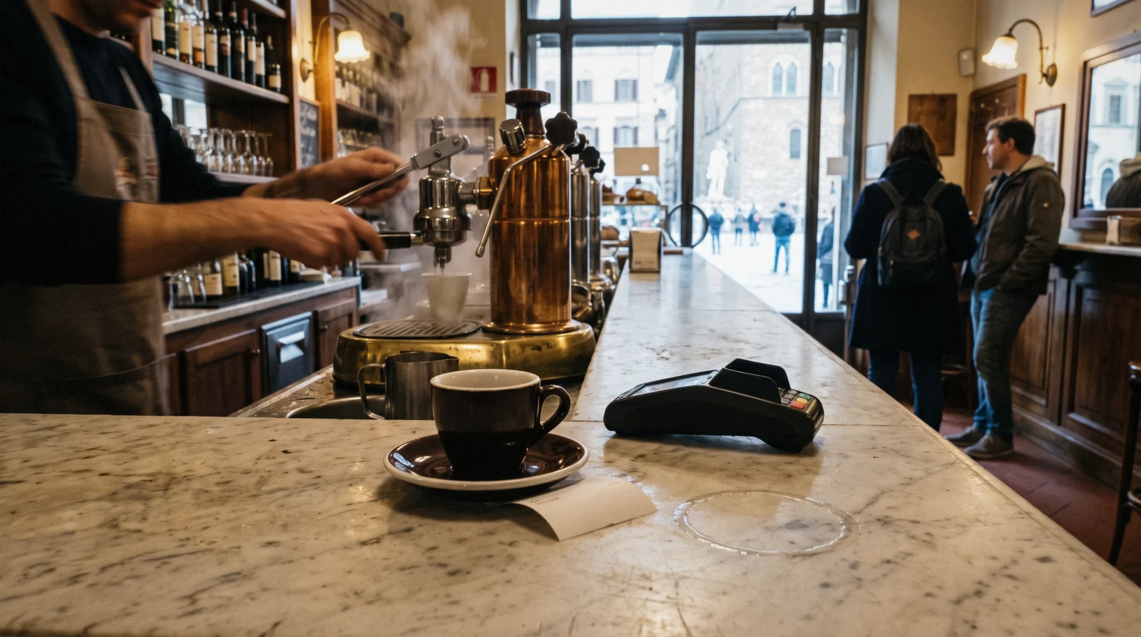 A card reader and a receipt on a marble counter in a Florence bar at breakfast, the everyday face of how much Florence costs a day