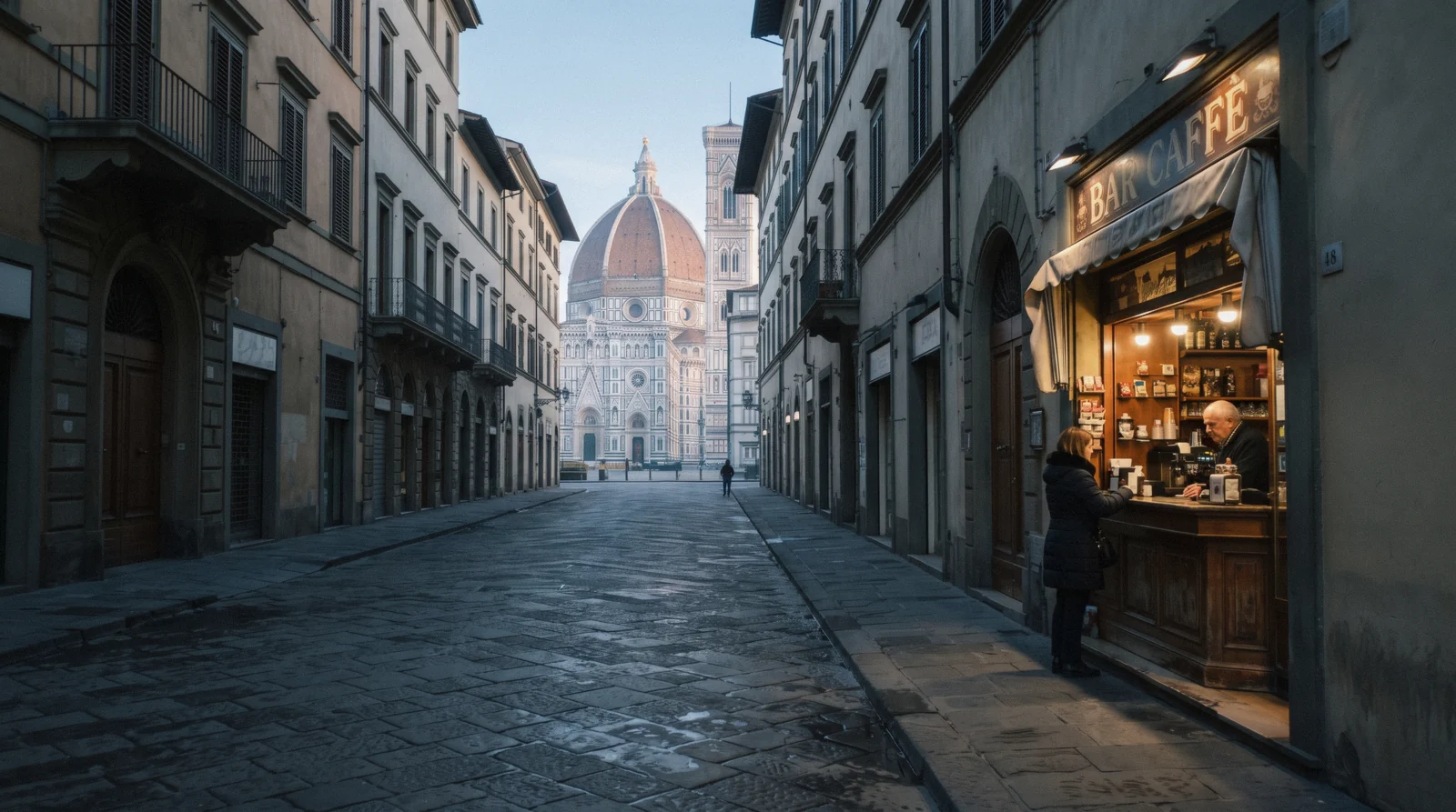 Via dei Calzaiuoli looking towards the cathedral dome just after eight in the morning, the first walk of a Florence in one day itinerary