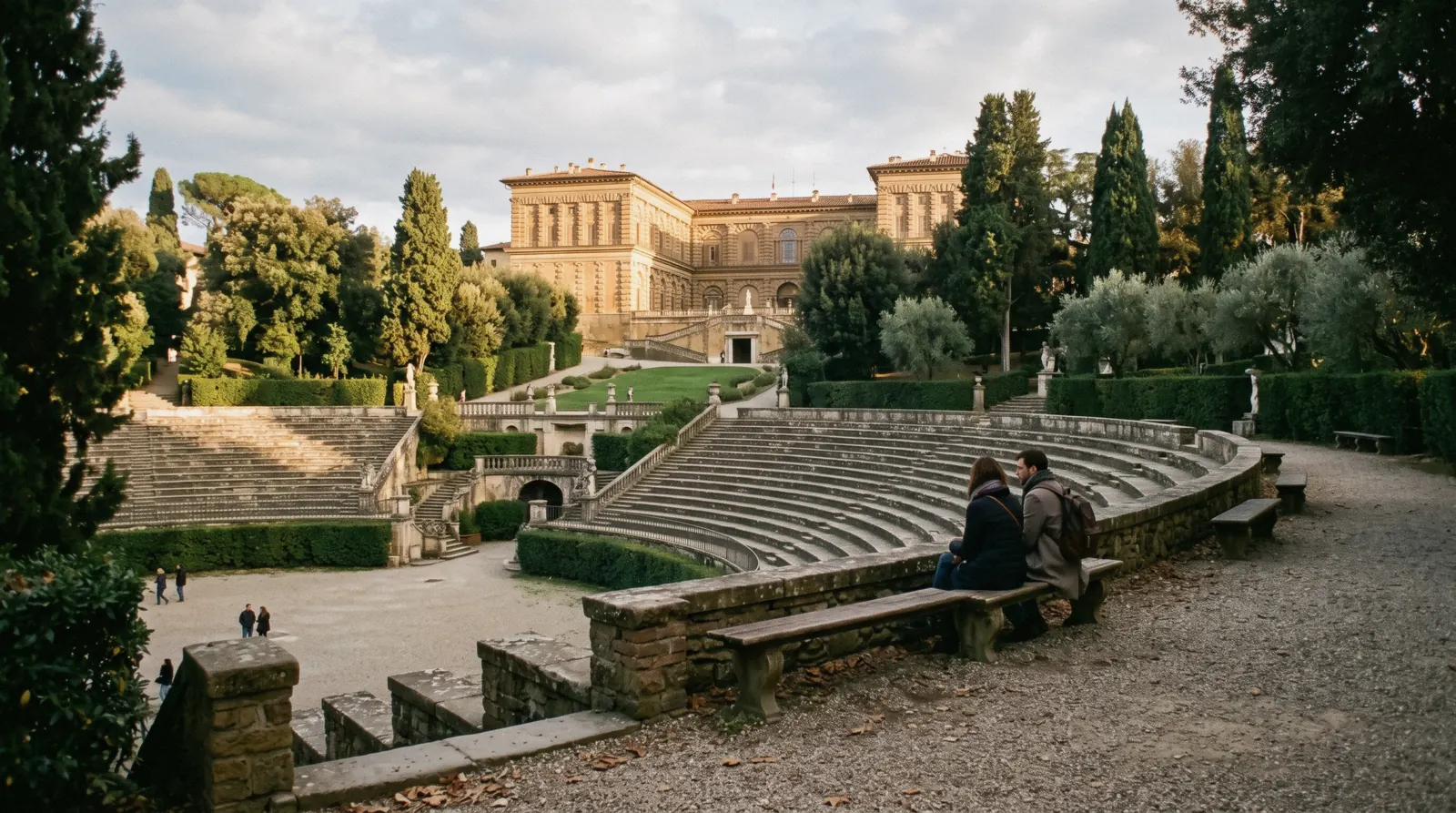 The Boboli amphitheatre below the Pitti Palace facade in late afternoon light, the last stop of a Florence in 2 days itinerary