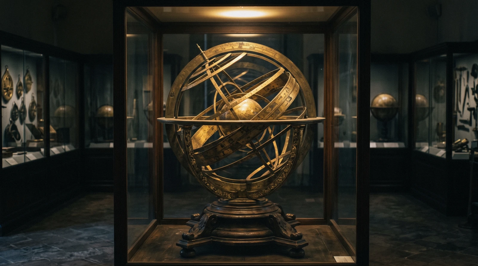 Gilded brass armillary sphere lit in a dim gallery of Museo Galileo, the Galileo museum Florence on the Arno at Palazzo Castellani