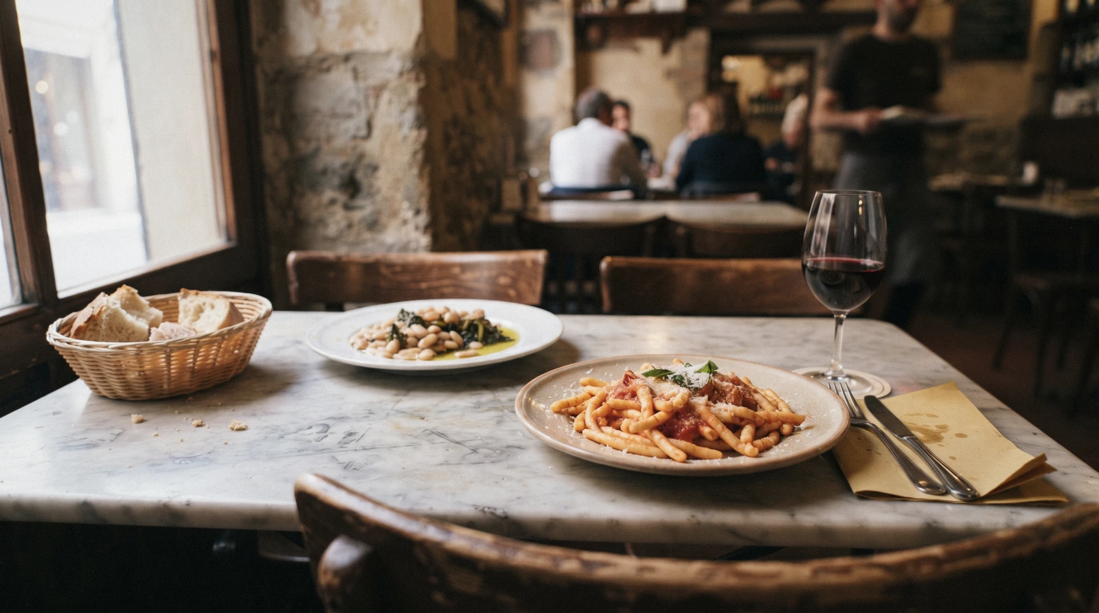 A marble trattoria table with a plate of hand-rolled pici, a dish of white beans and greens and the bread basket pushed to the corner, the everyday decision behind eating gluten free in Florence