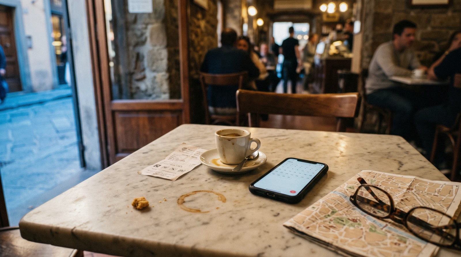 A printed timed-entry ticket and a phone calendar on a café table in central Florence, planning how far ahead to book Florence attractions
