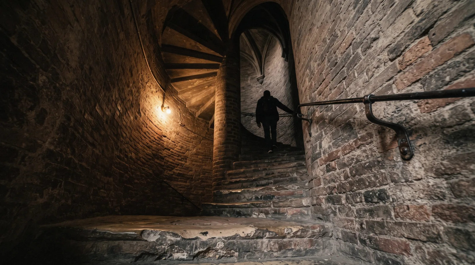 The narrow brick staircase between the two shells of Brunelleschi's dome on the 463-step Florence dome climb, with the curve of the vault overhead
