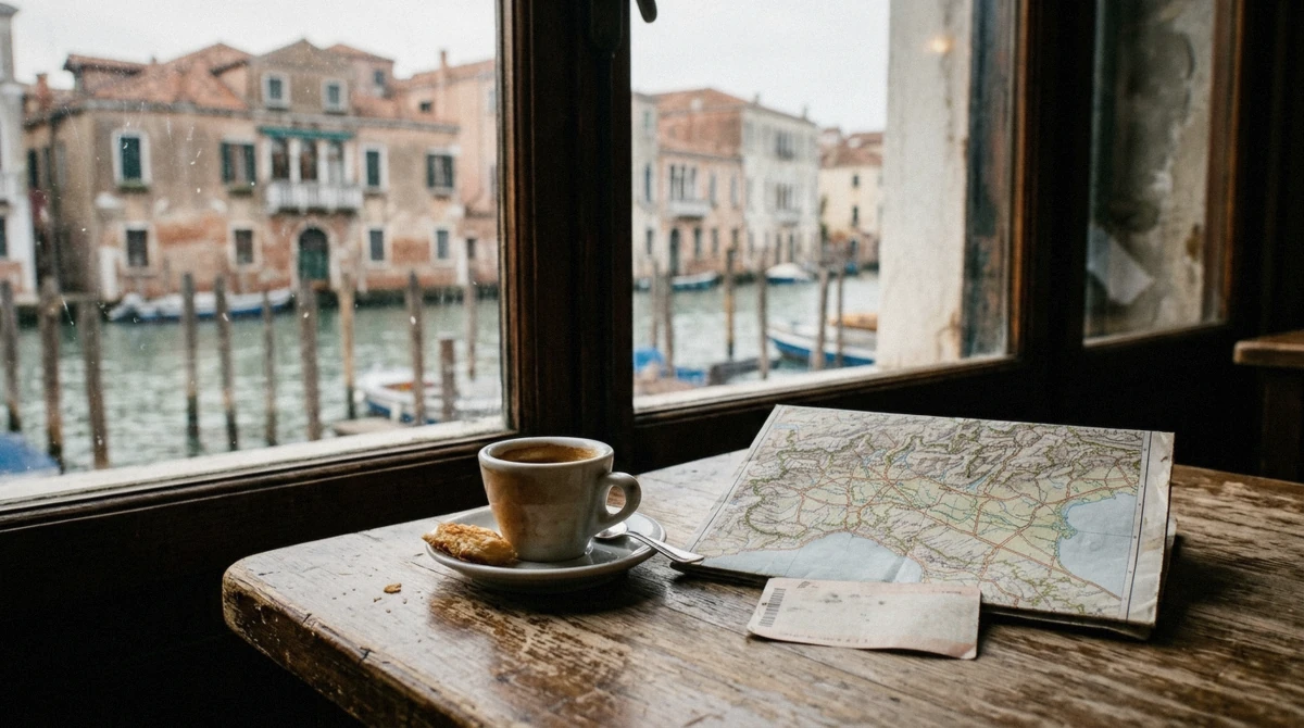A traveller's table with a train ticket between a Florence skyline and a Venice canal view, weighing the Florence or Venice decision