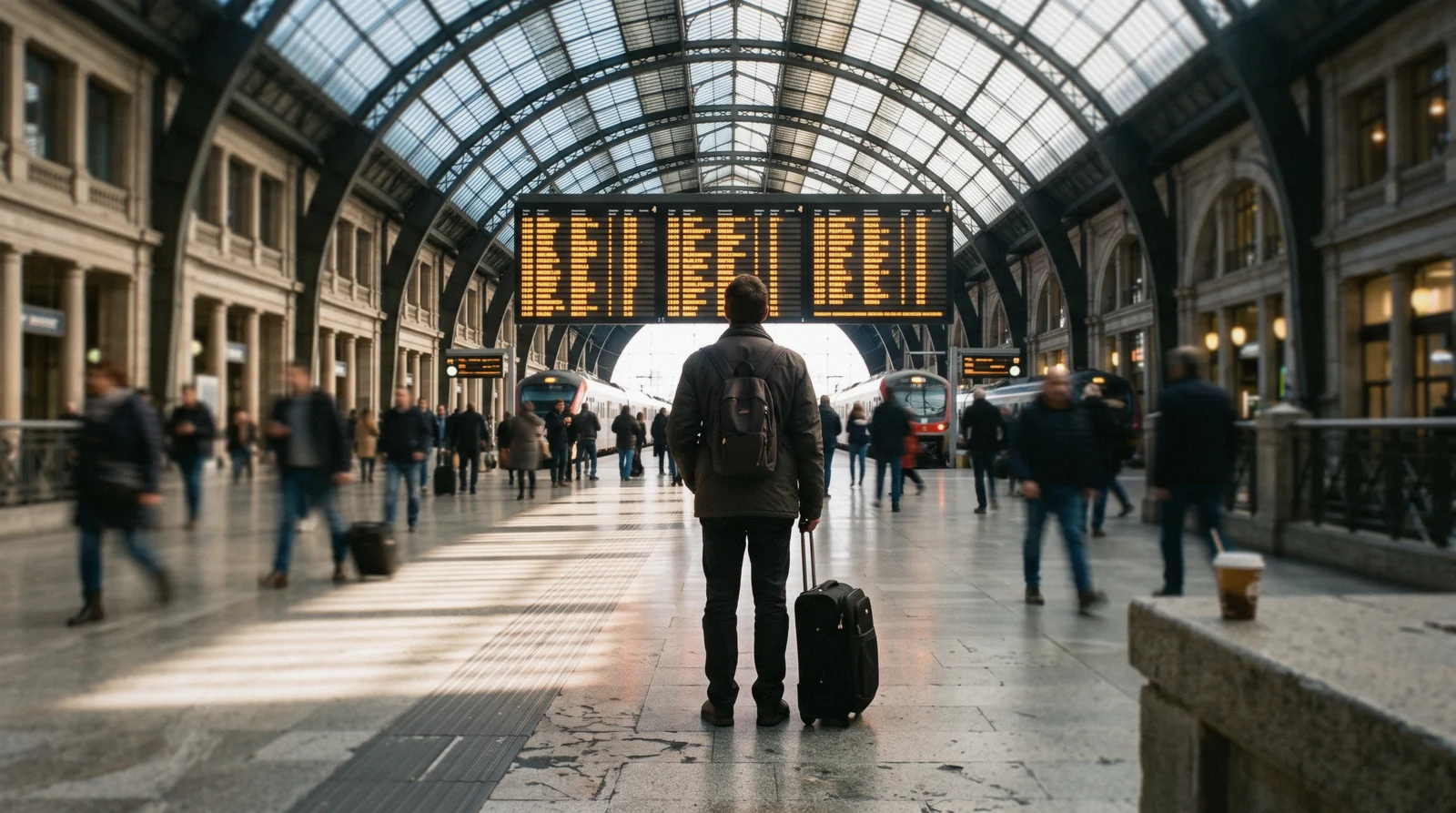A traveller with a small wheeled bag watching the departures board in the concourse of Firenze Santa Maria Novella station during a Florence layover