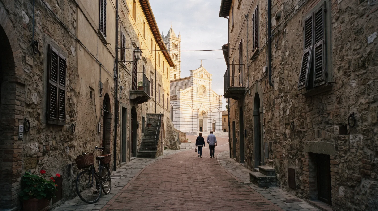 Late afternoon light on a brick Tuscan street leading to a cathedral facade, the Pisa or Siena day-trip choice from Florence
