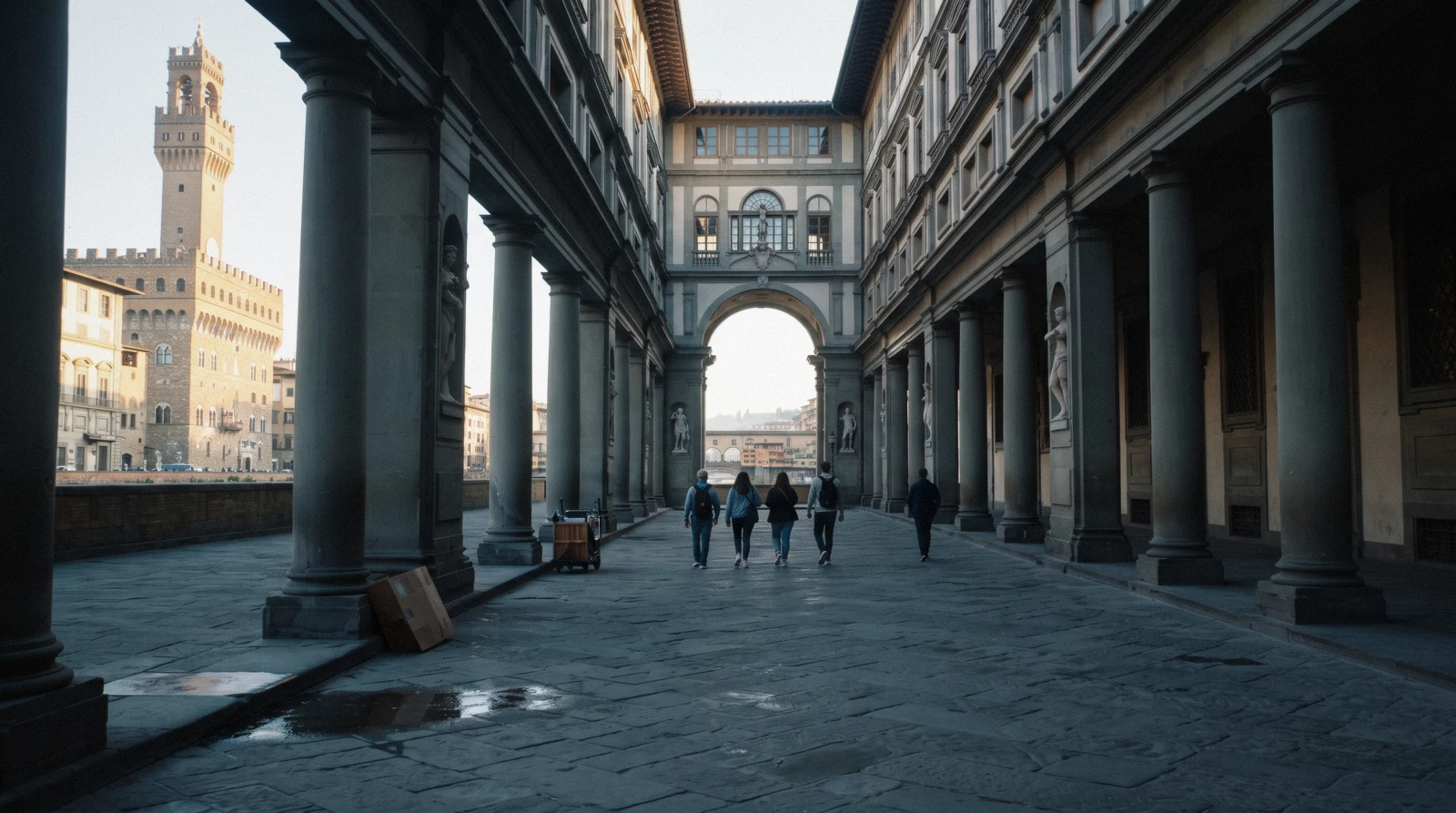 The Uffizi colonnade in early morning light with the Palazzo Vecchio tower behind, the walk between the two galleries in the Uffizi vs Accademia decision, Florence