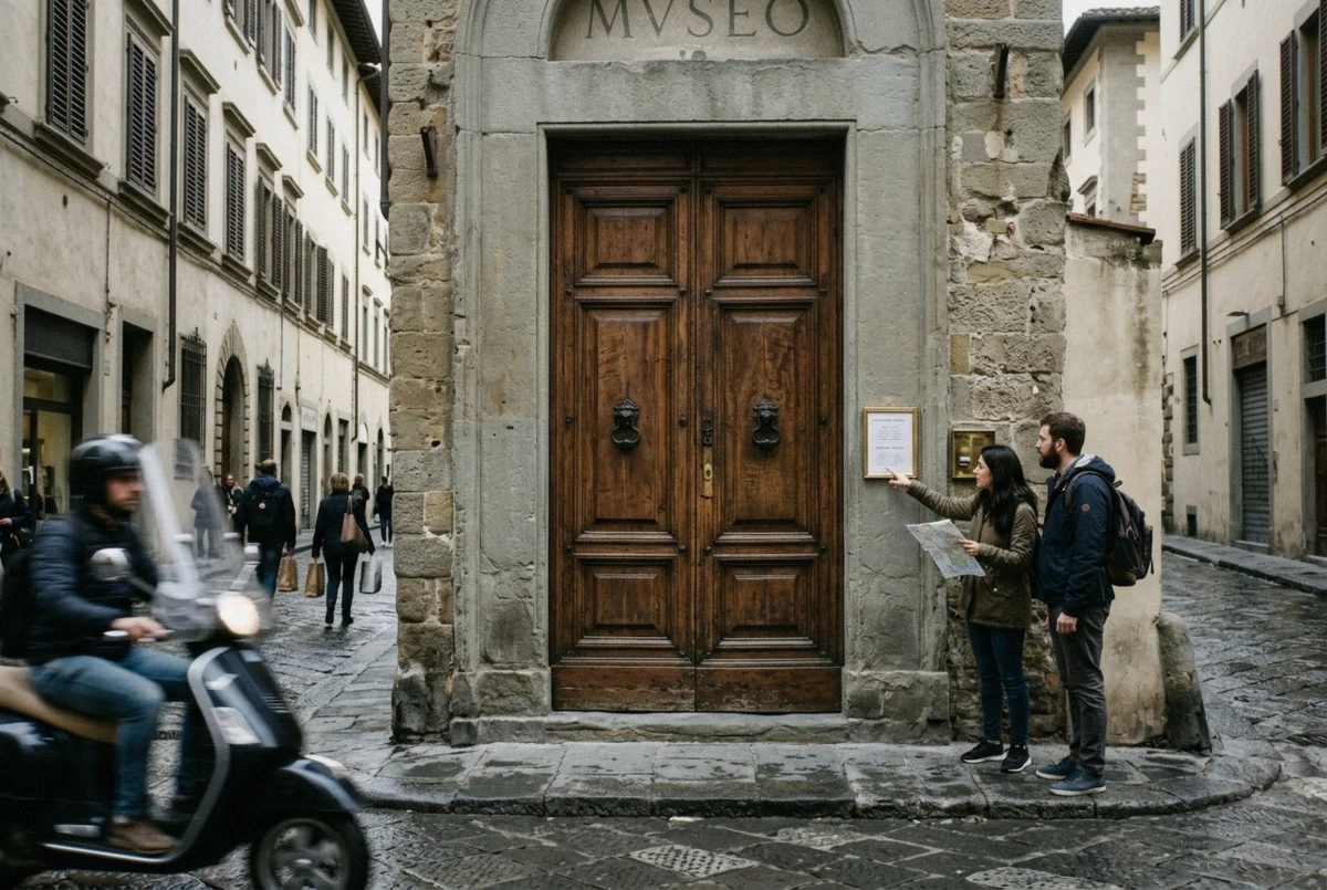 A museum's heavy wooden door shut on a Monday morning in Florence, the printed opening-hours sign beside it