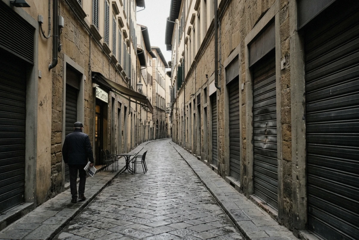 Lowered iron shutters on a Florence side street early in the morning, one bar just opening further down