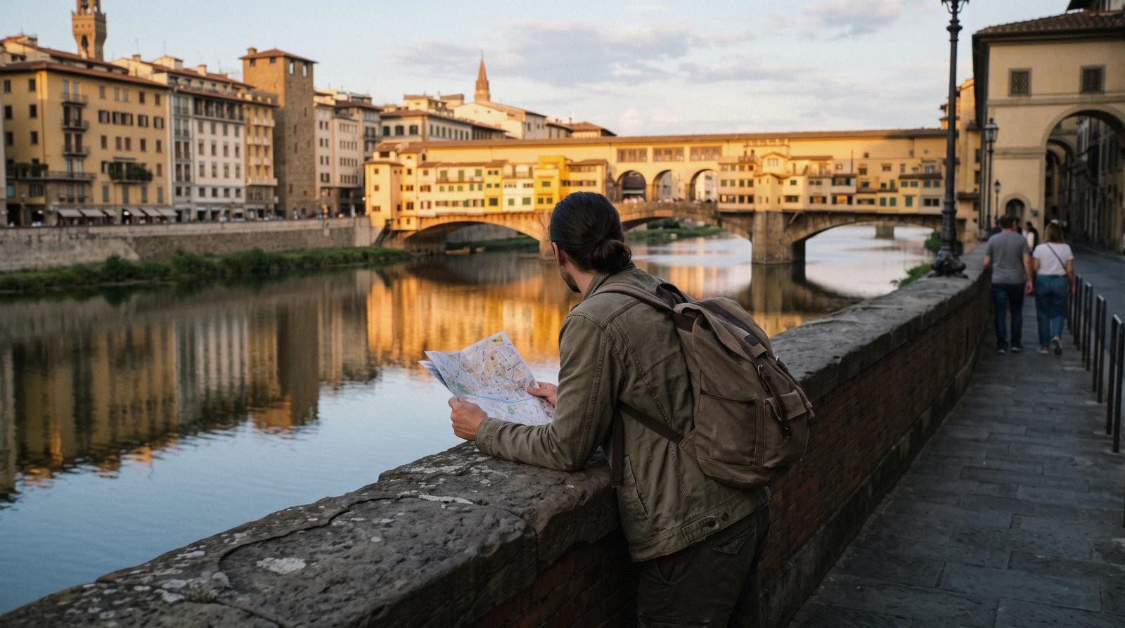 A traveller on the Lungarno at evening looking towards Ponte Vecchio, weighing whether Florence is worth visiting