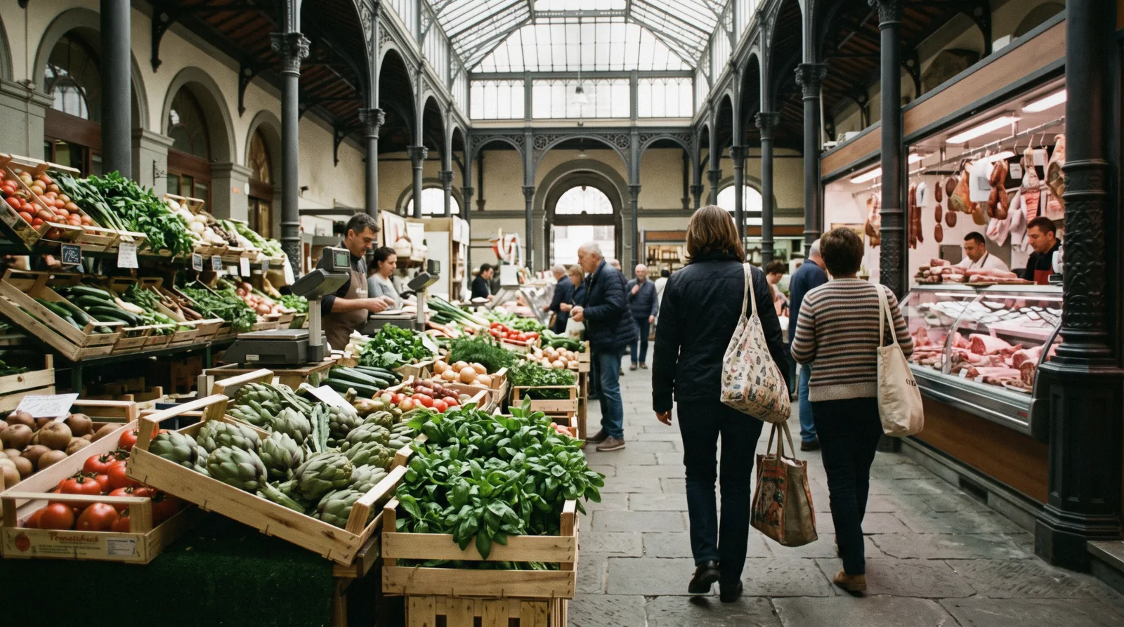 Morning stalls under an iron-and-glass market roof, one of the Florence markets that trade from 07:00