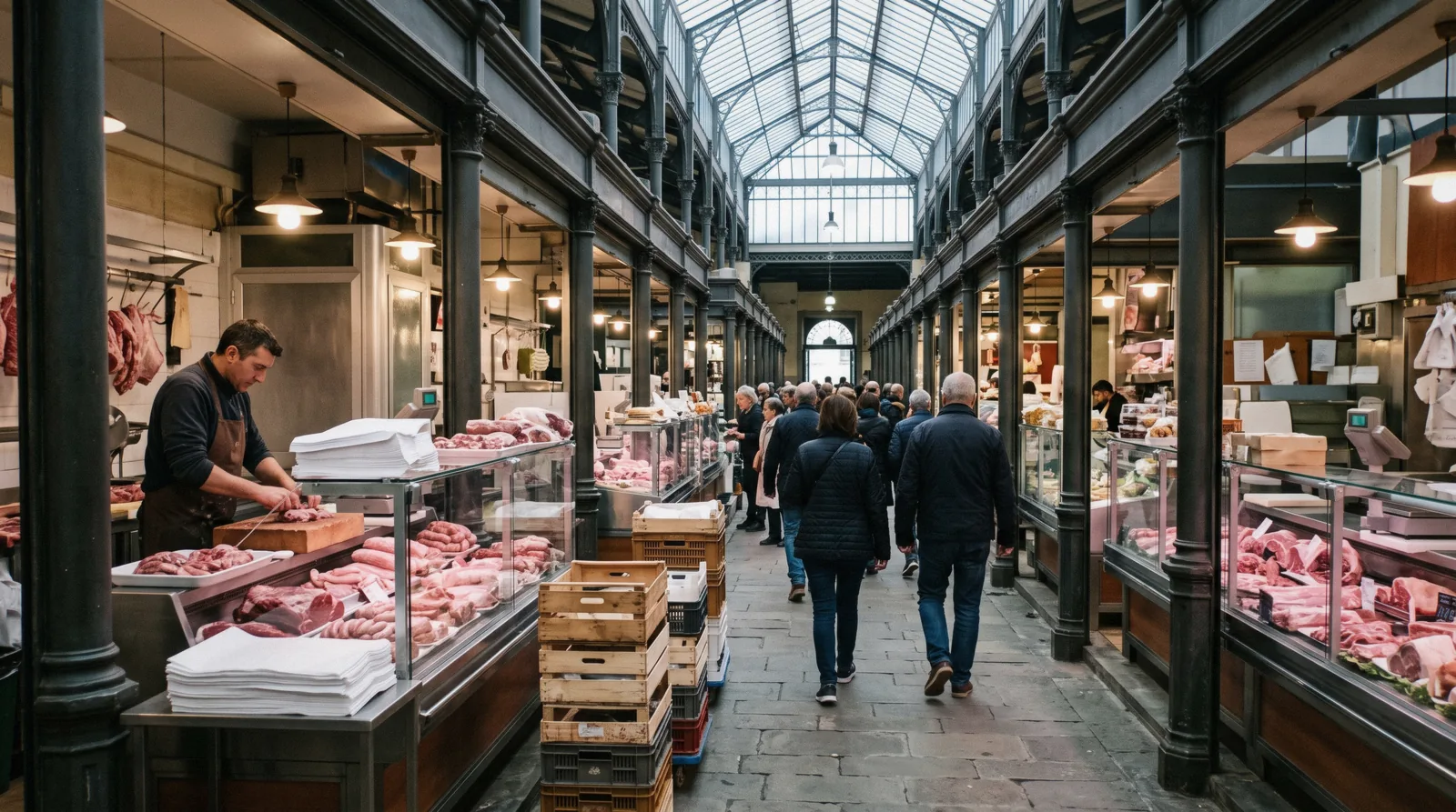 Cast-iron columns and glass roof over the butchers' counters on the ground floor of Mercato Centrale Florence in morning light