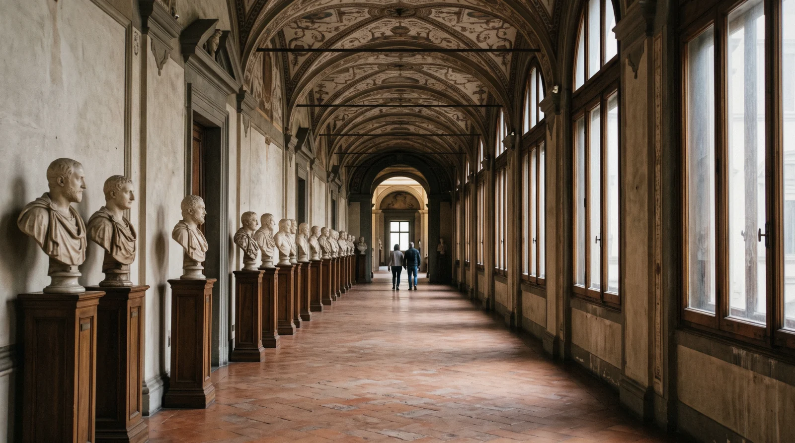 Statue-lined corridor of the Uffizi under its painted ceiling in morning window light, one of the Florence museums covered in this guide
