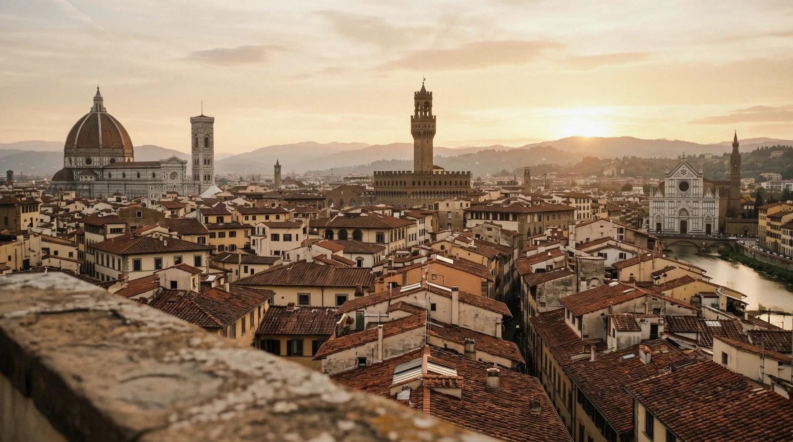 Terracotta rooftops of the Florence neighbourhoods with the Duomo, Palazzo Vecchio tower and Santa Croce from a rooftop