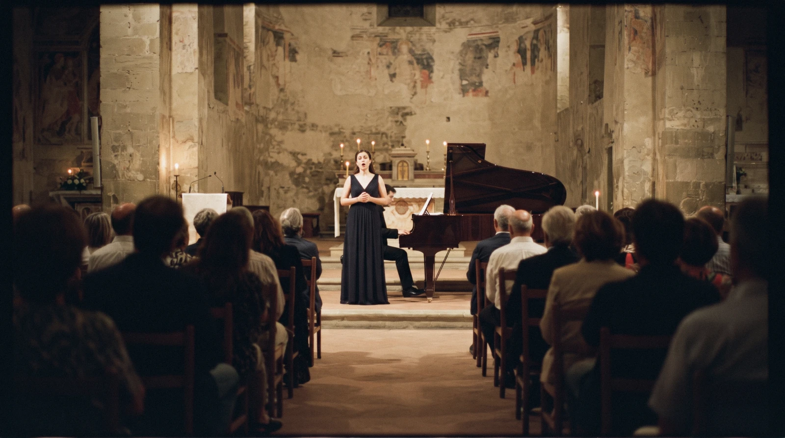A soprano singing beside a grand piano in a small Oltrarno church, an evening of opera in Florence