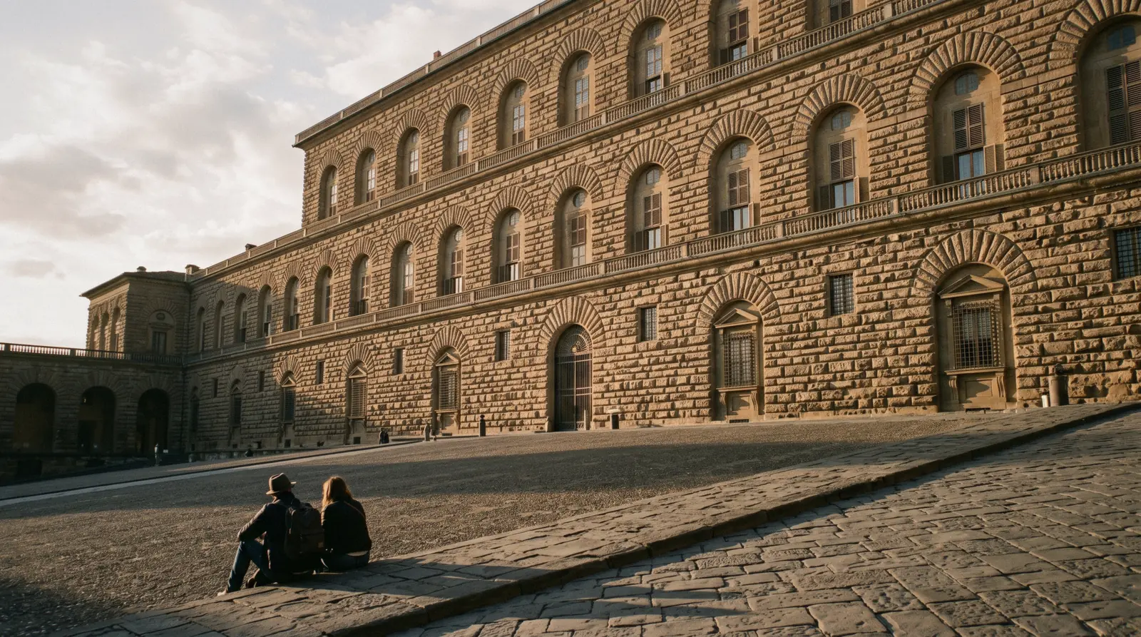 Rusticated stone facade of Pitti Palace above the sloping Piazza de' Pitti in late afternoon light, Pitti Palace Florence