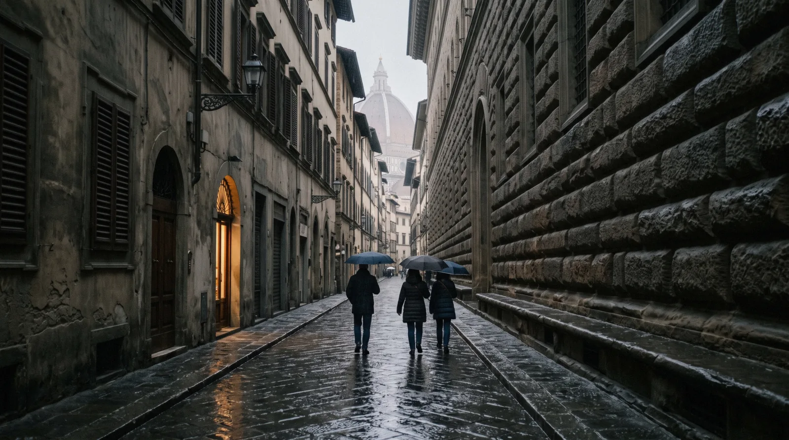 Umbrellas moving along a wet stone street in the historic centre with the cathedral dome grey behind, Florence in the rain