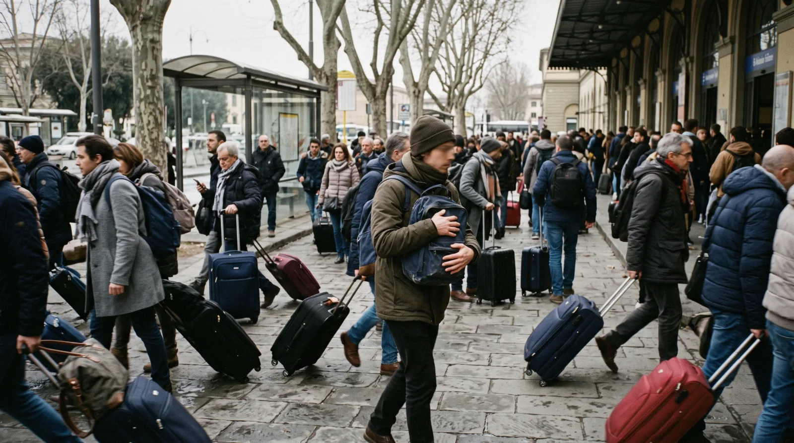 Travellers with suitcases on a busy pavement outside the main railway station, the crowd where Florence safety tips actually matter