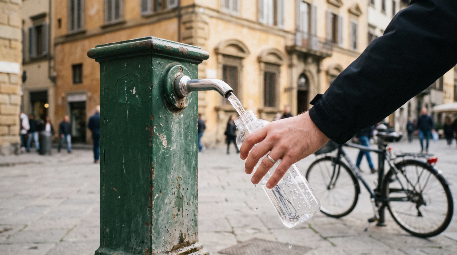 A reusable bottle being refilled at a public water kiosk in Florence, where you can drink tap water everywhere