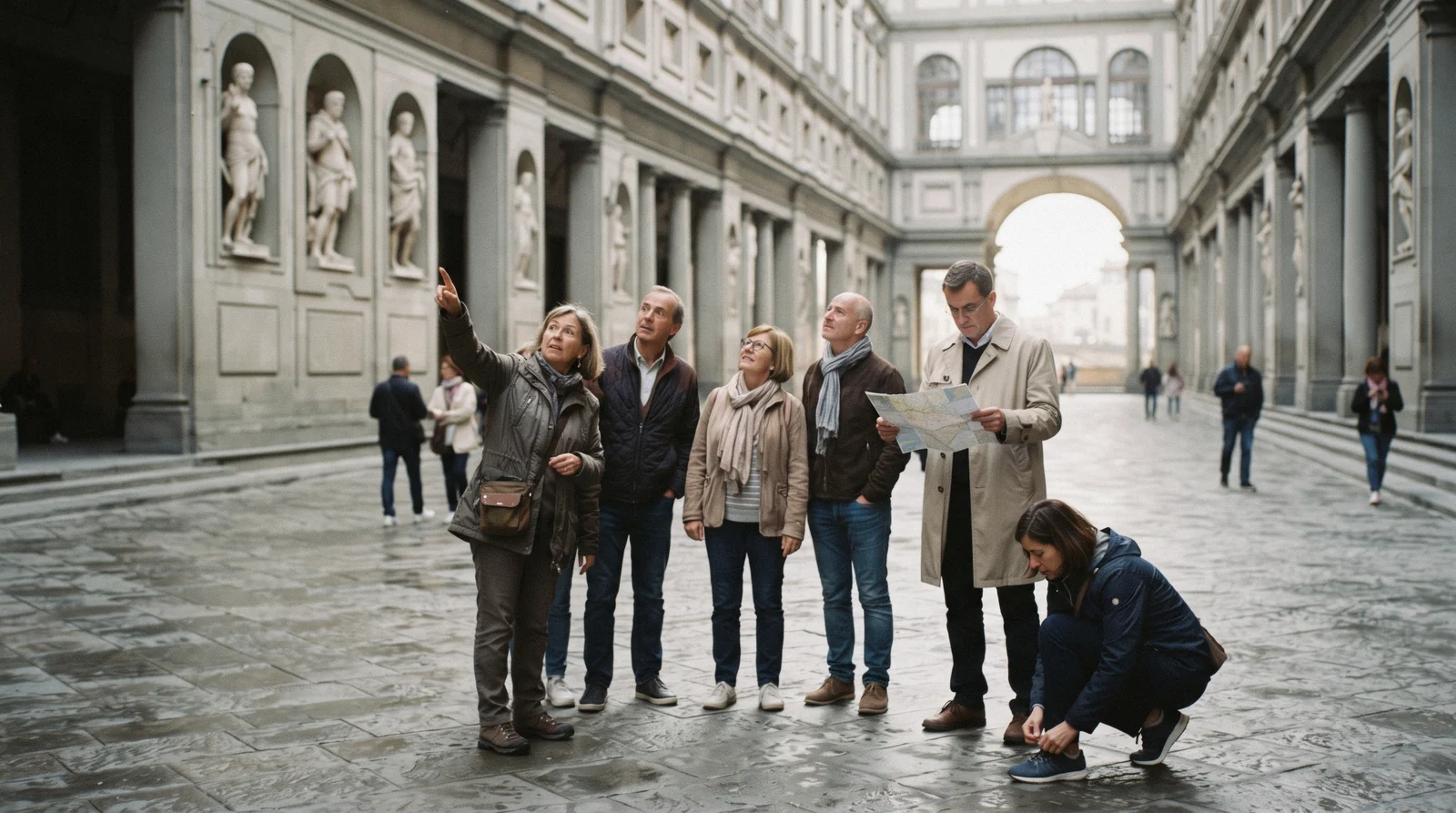 A guide pointing out the statues in the Uffizi courtyard to a small group, one of the Florence tours compared on this page