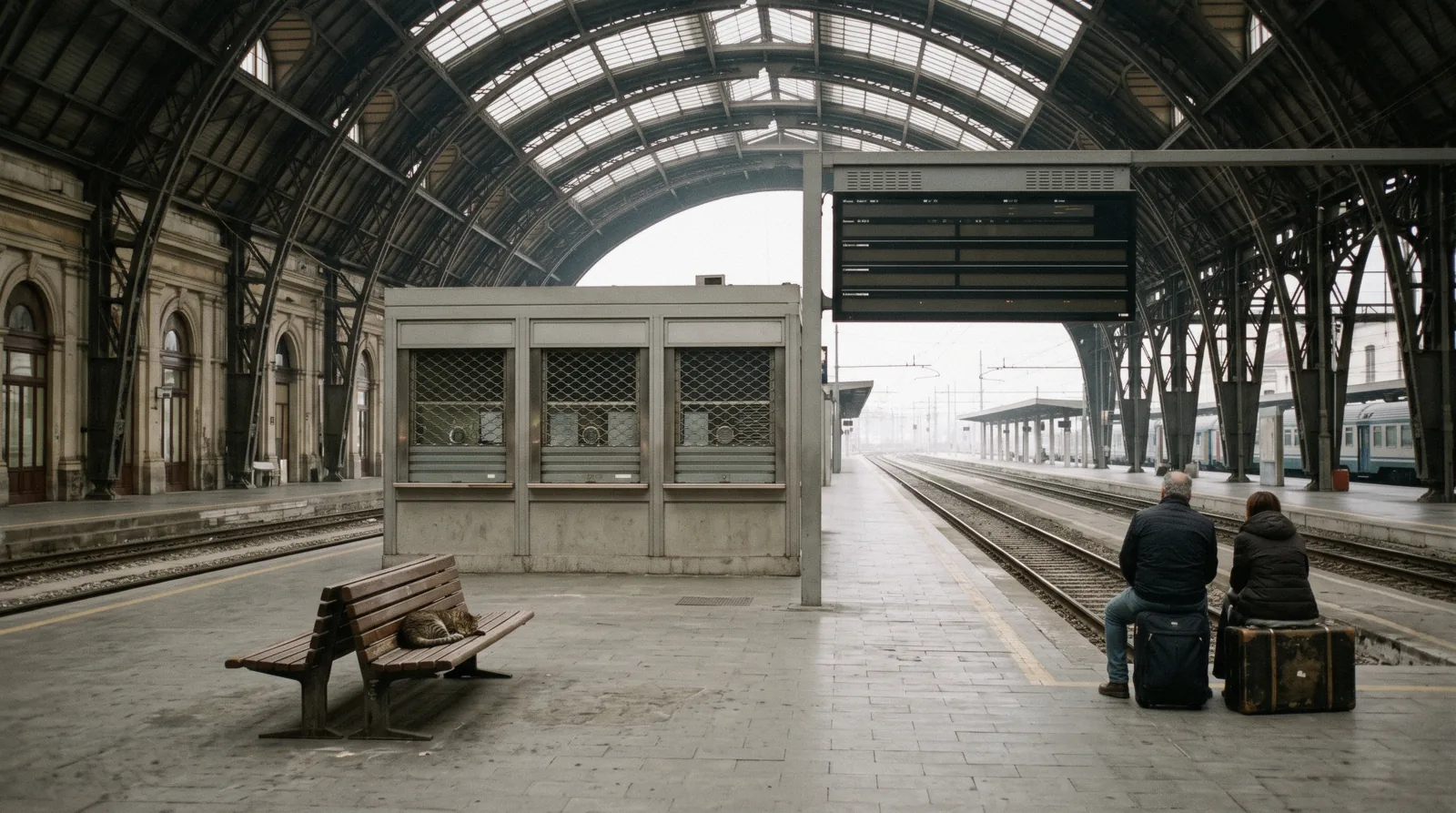 A near-empty railway platform on a strike morning, the scene a Florence transport strike leaves behind at Santa Maria Novella