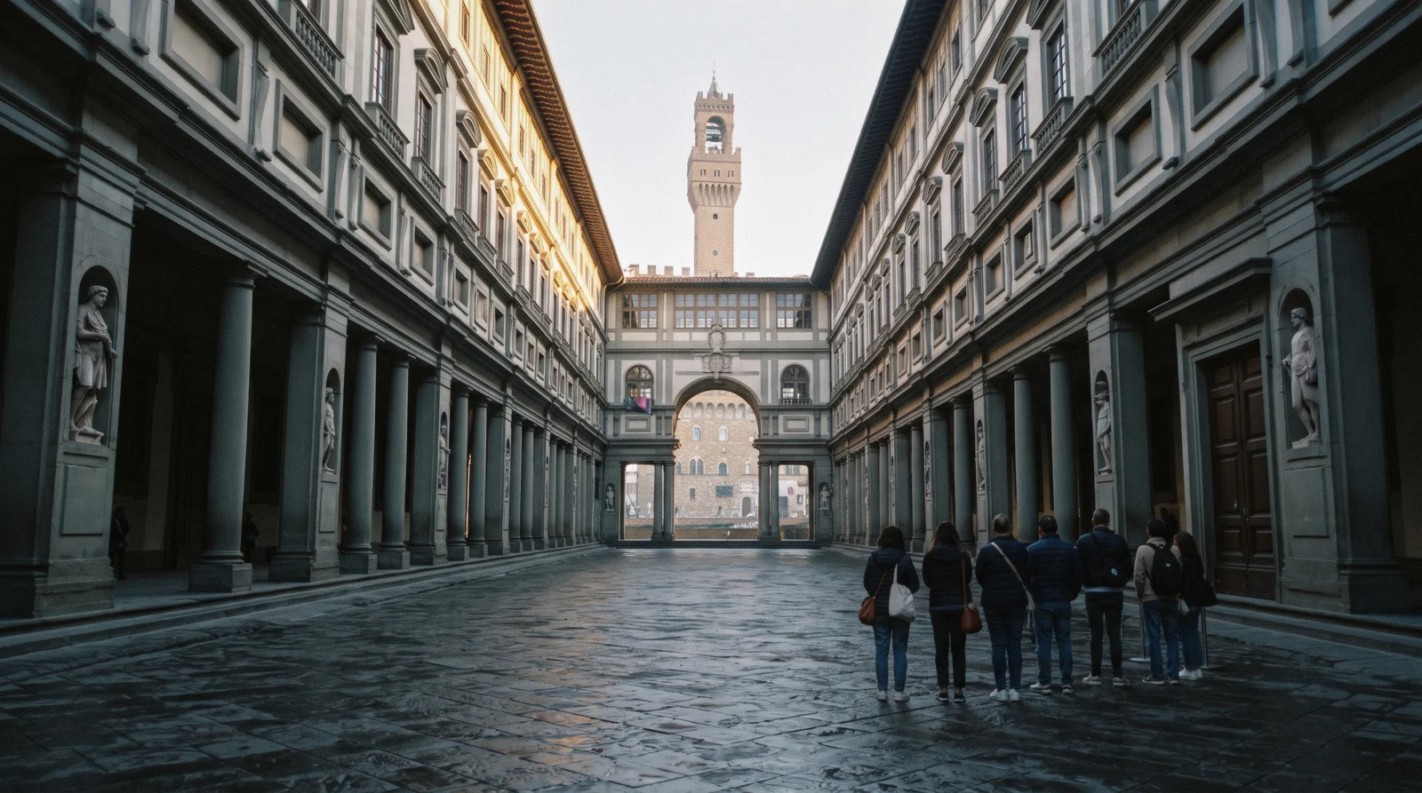 Uffizi Gallery courtyard colonnade at 07:50 with the Palazzo Vecchio tower catching first light, Uffizi Gallery Florence