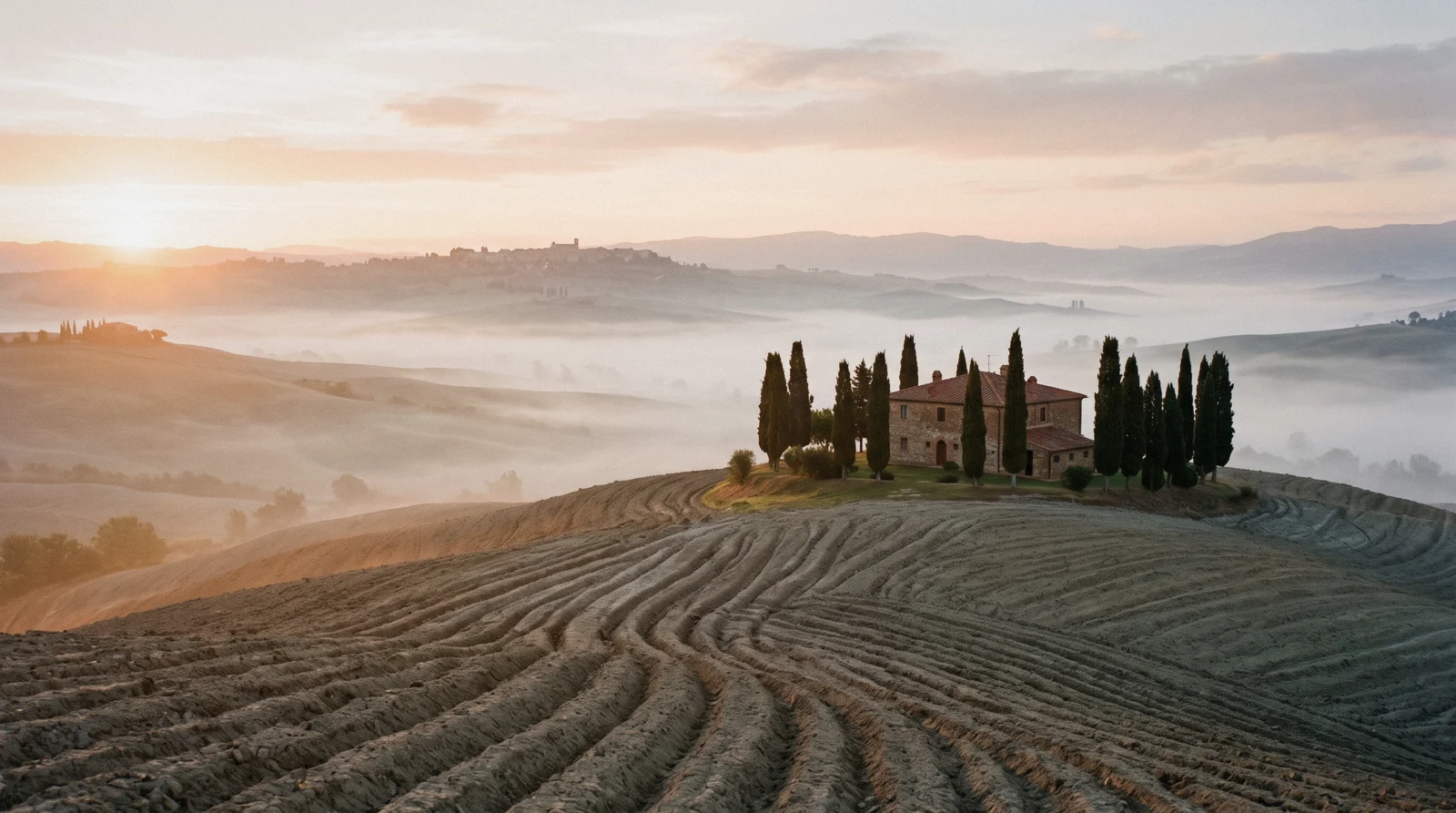 Cypress-lined farm road across the clay hills near San Quirico at sunrise on a Val d'Orcia tour from Florence