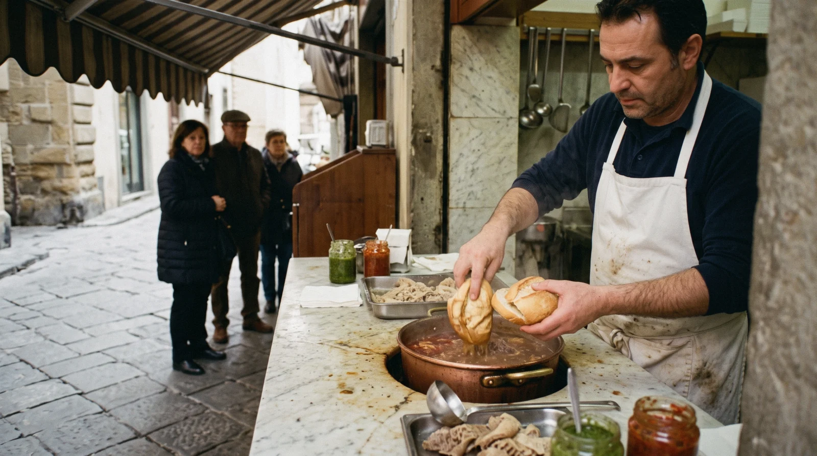 A tripe vendor dipping a bread roll into broth at a street counter, the everyday answer to where to eat in Florence