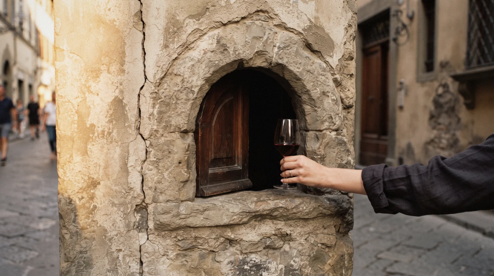 An arched stone wine window with a small wooden shutter half open in a sandstone palace wall, one of the wine windows in Florence