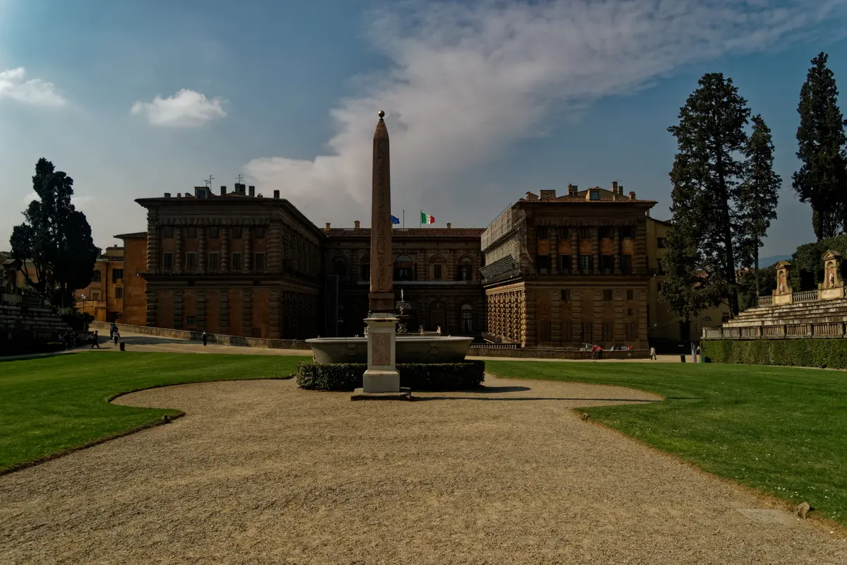 The Egyptian obelisk and the amphitheatre behind Pitti Palace, at the start of the Boboli Gardens' primary axis