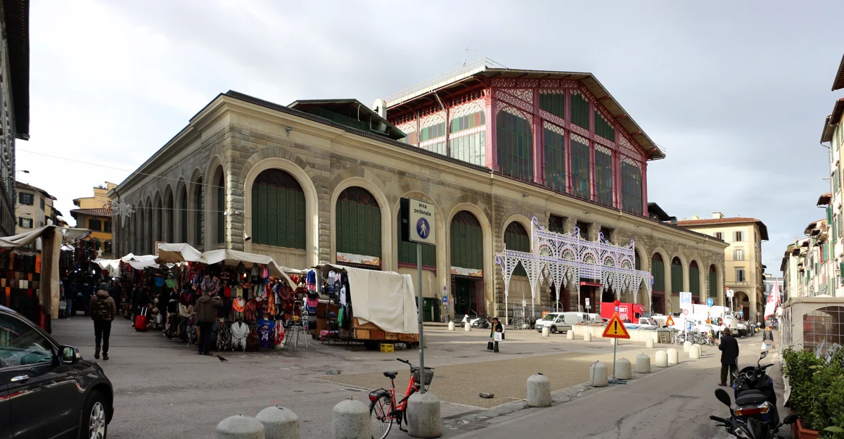 The Mercato Centrale hall in San Lorenzo with the street stalls packed against its arched facade