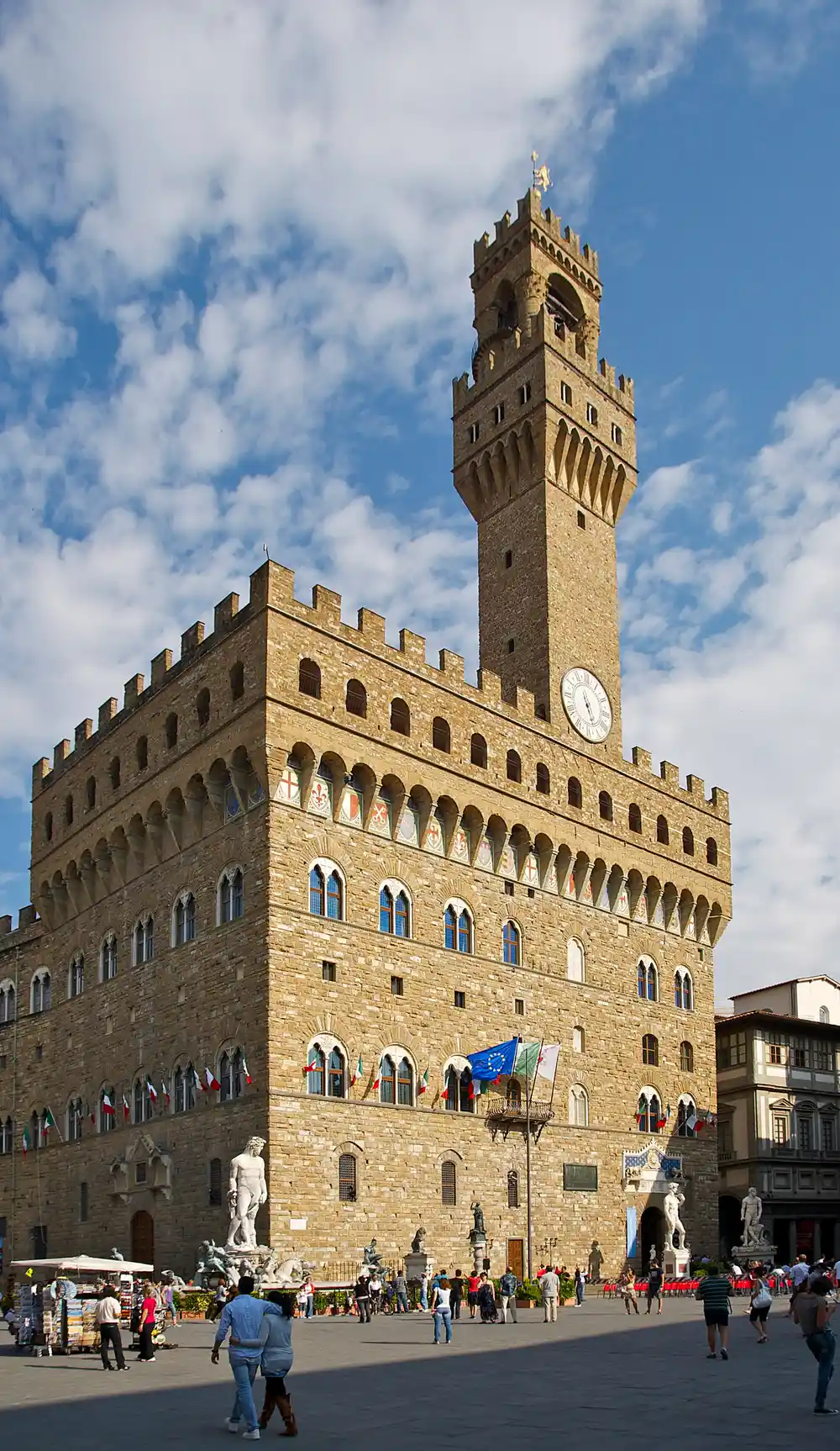 Palazzo Vecchio and the Torre di Arnolfo above Piazza della Signoria on a clear day