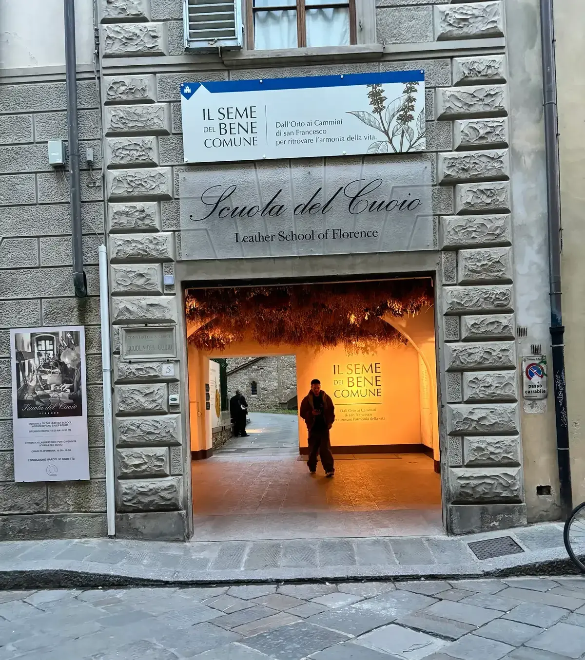 The entrance of the Scuola del Cuoio on Via San Giuseppe, the leather school at the heart of shopping in Florence, Italy for leather
